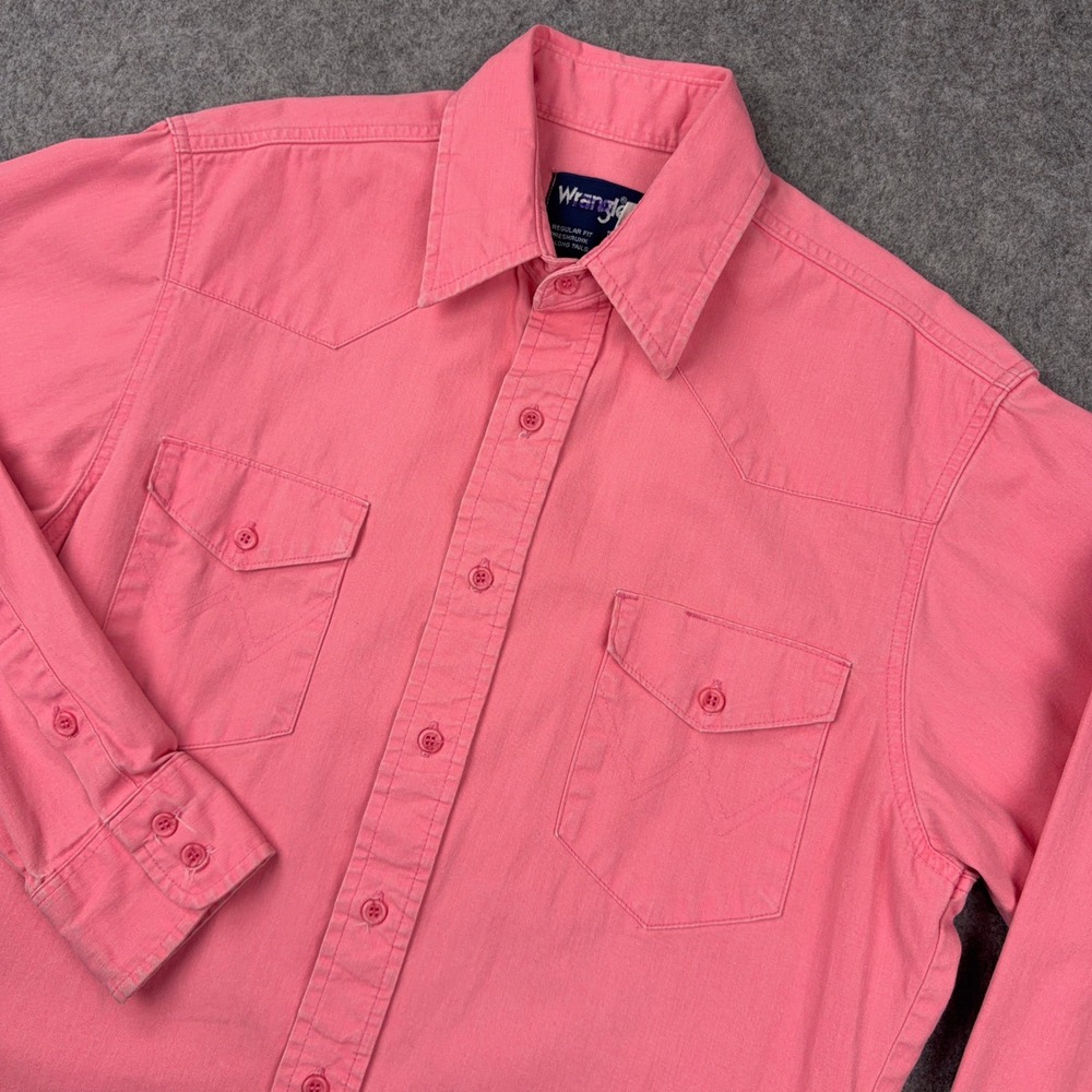 VTG Wrangler Shirt Mens Medium Pink Western Button Up Long Sleeve Cowboy Ranch